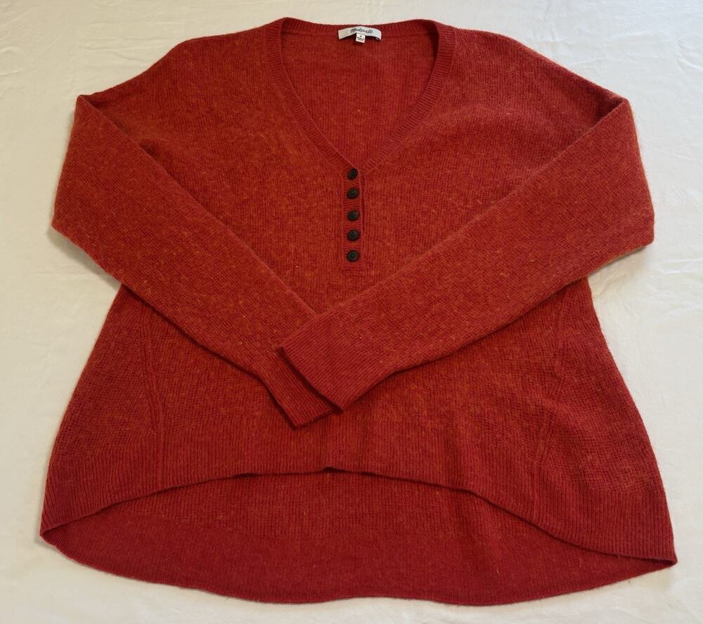 Madewell Sweater Wool Alpaca Asherton Waffle Henley Poppy Red Preppy Size M